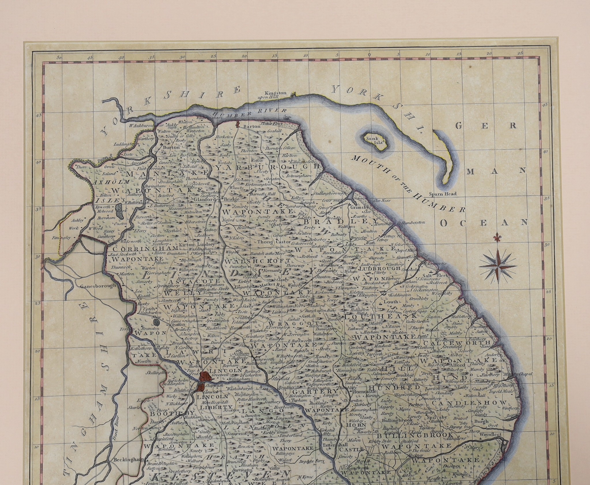 John Harrison, coloured engraving, Map of Lincolnshire 1791, 47 x 33cm